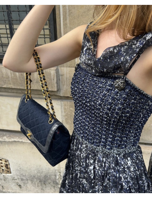 CHANEL T 34 evening gown in blue and white printed silk