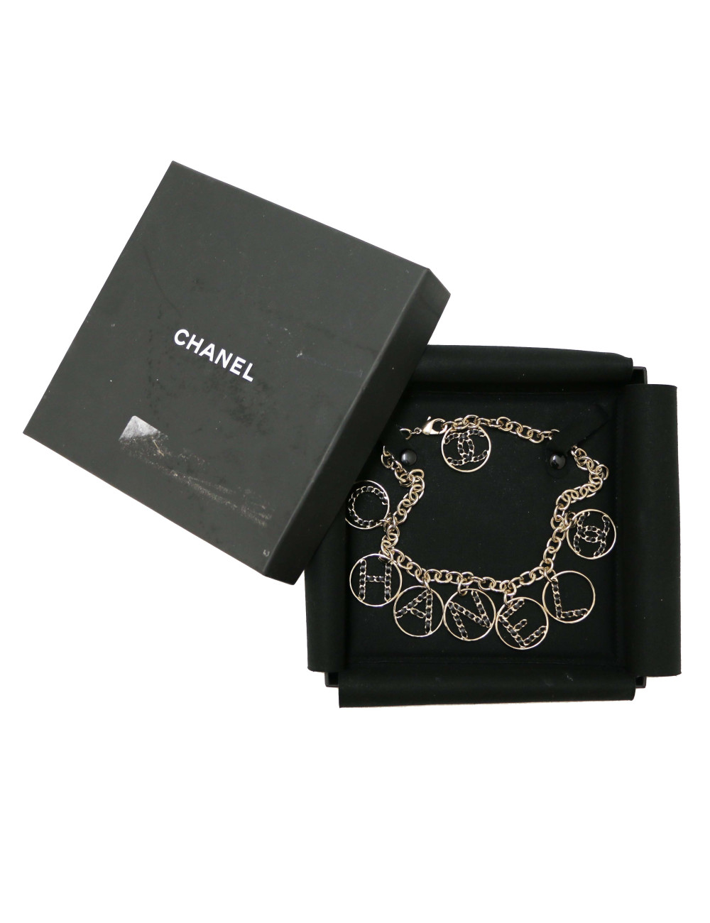 CHANEL light gold necklace spelling C H A N E L