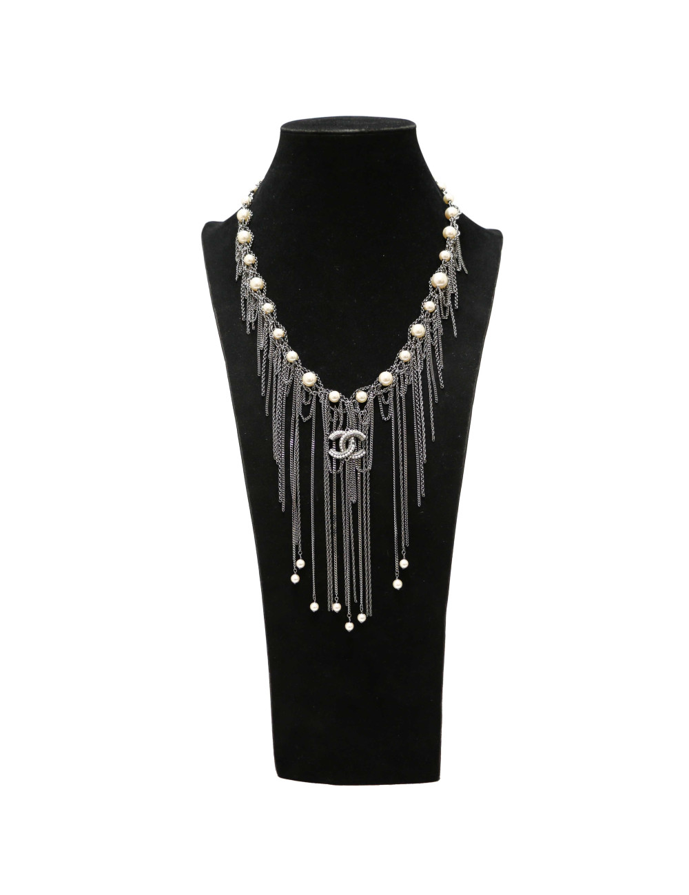 Sautoir CHANEL chaines argent noirci perles