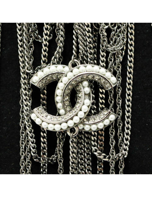 Sautoir CHANEL chaines argent noirci perles