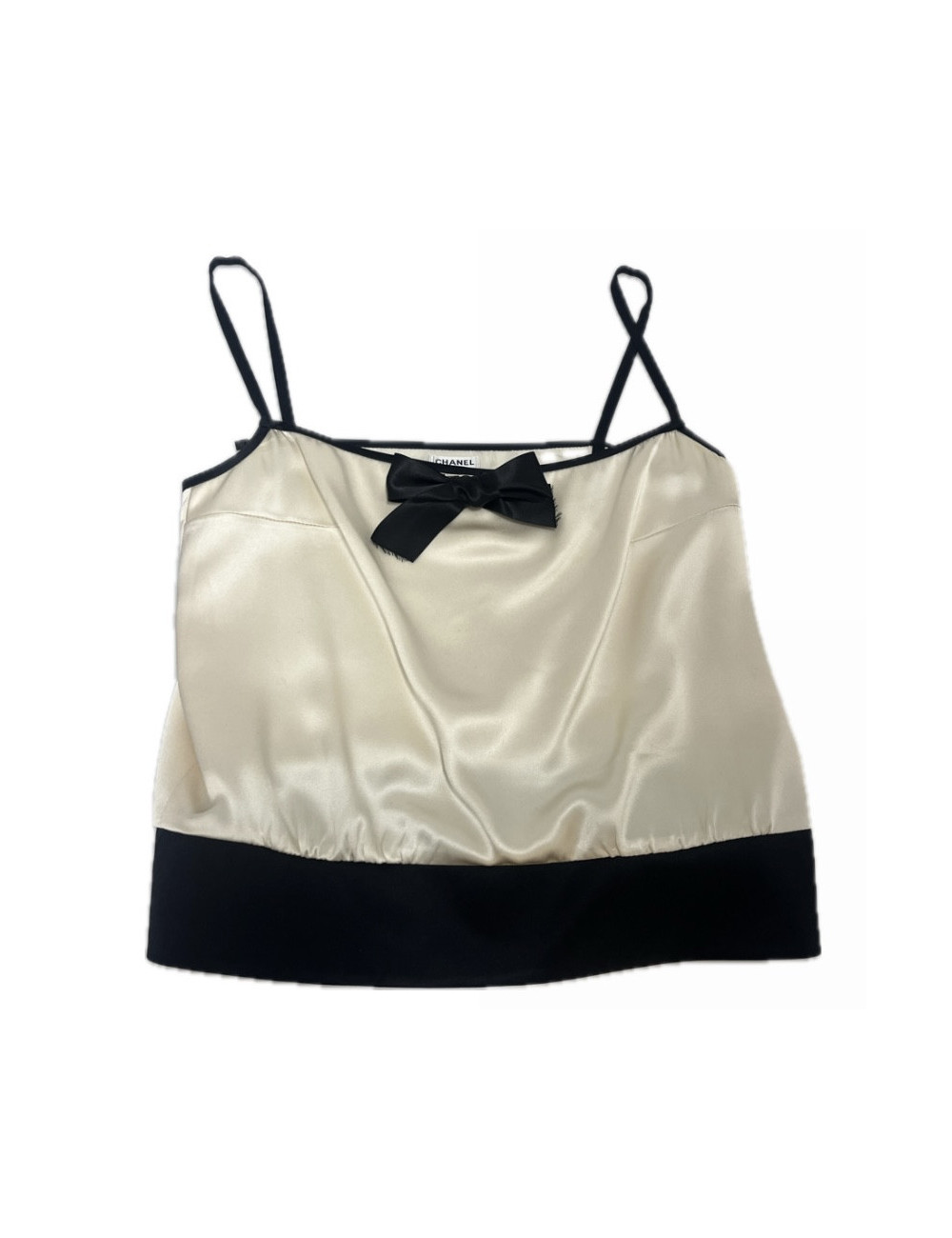 Haut CHANEL soie écrue broche noeud noir