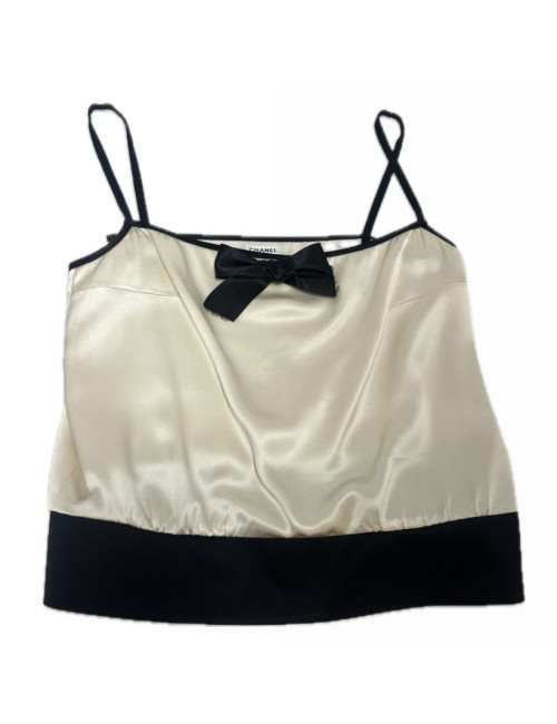 Haut CHANEL soie écrue broche noeud noir