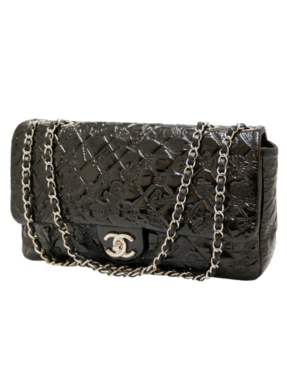 Jumbo CHANEL cuir embossé verni noir