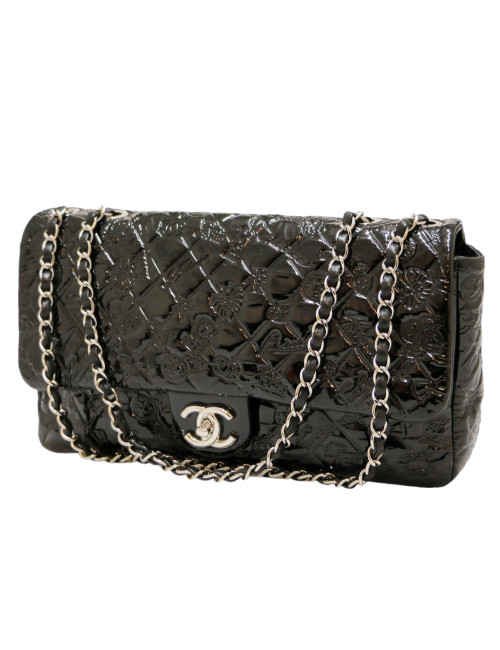 Jumbo CHANEL cuir embossé verni noir