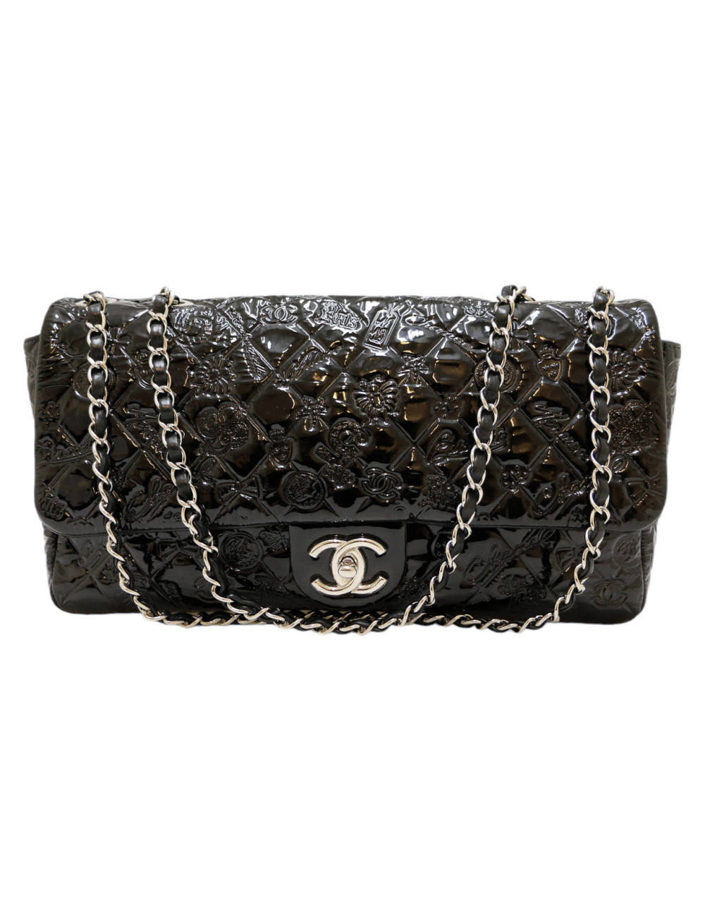 CHANEL Jumbo bag embossed patent black leather