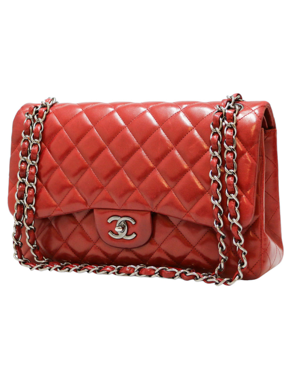 Jumbo CHANEL rouge cuir d'agneau matelassé