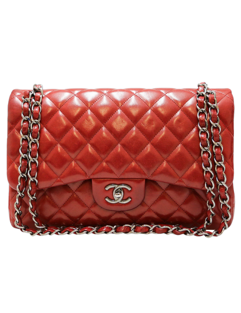 Jumbo CHANEL rouge cuir d'agneau matelassé