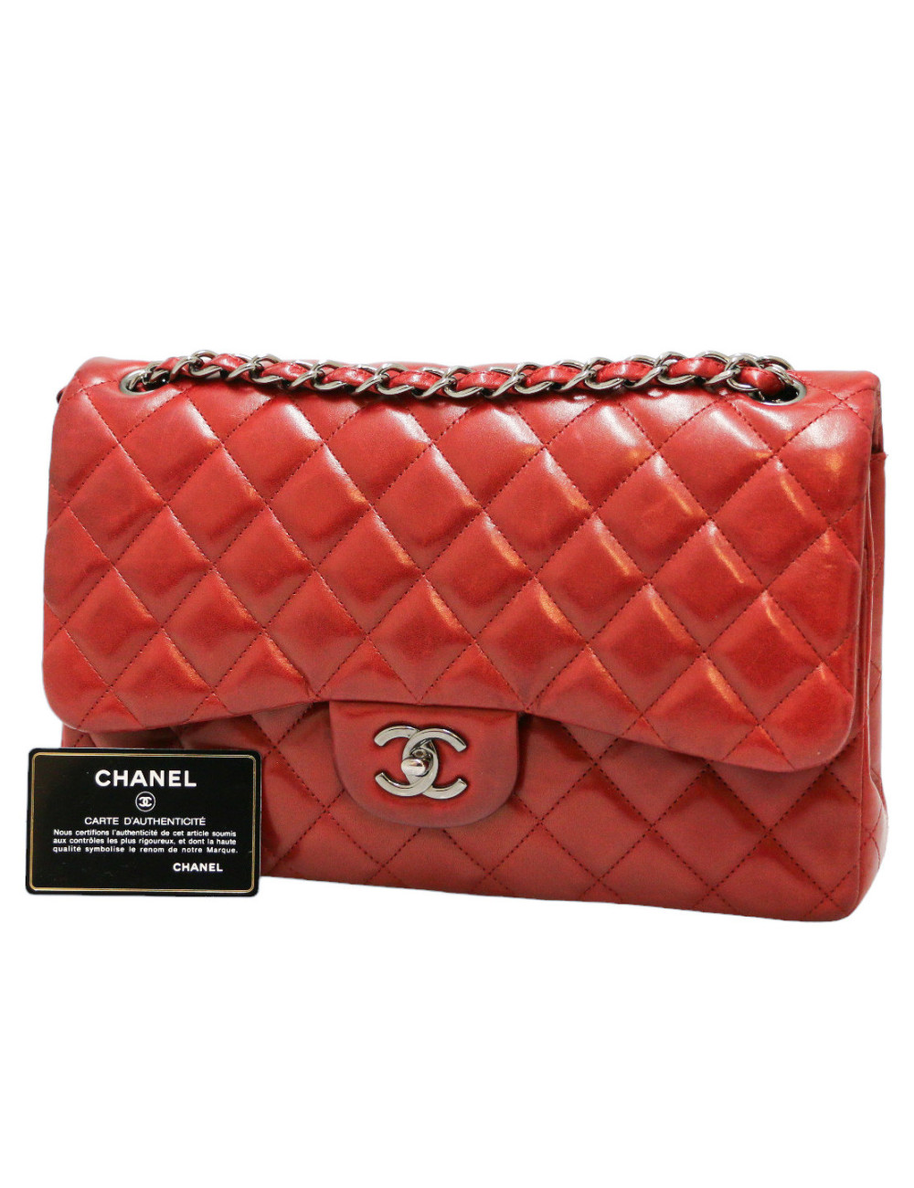 Jumbo CHANEL rouge cuir d'agneau matelassé