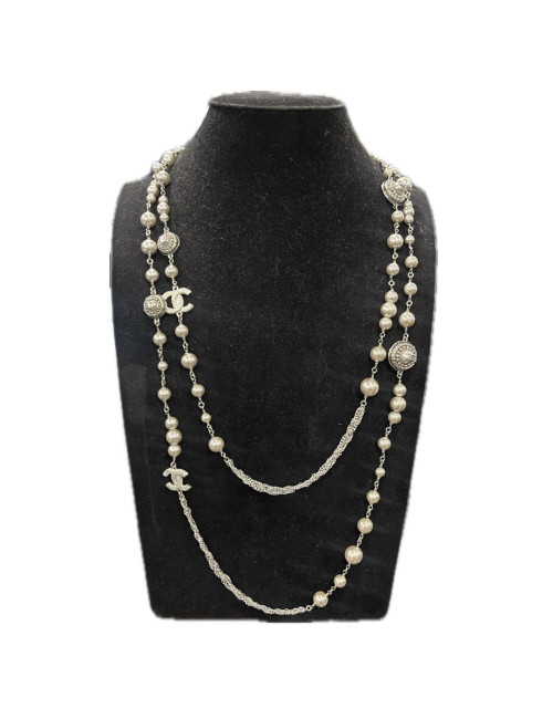 Sautoir CHANEL double rangs argent