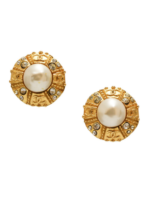 Clips vintage rond CHANEL perle et strass