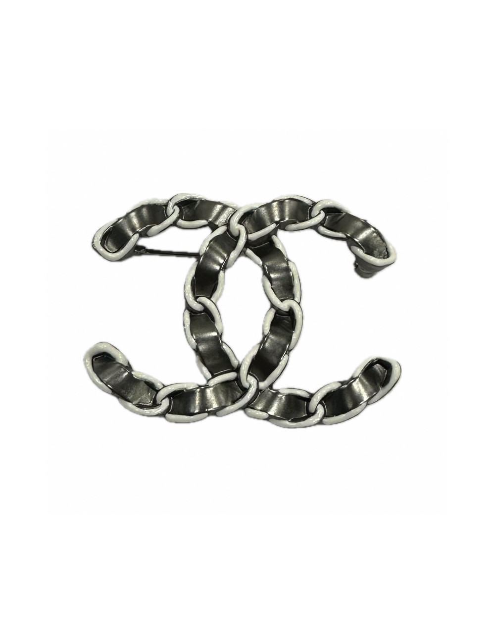 Broche CHANEL argent chaine et cuir