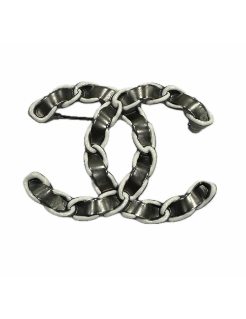 Broche CHANEL argent chaine et cuir