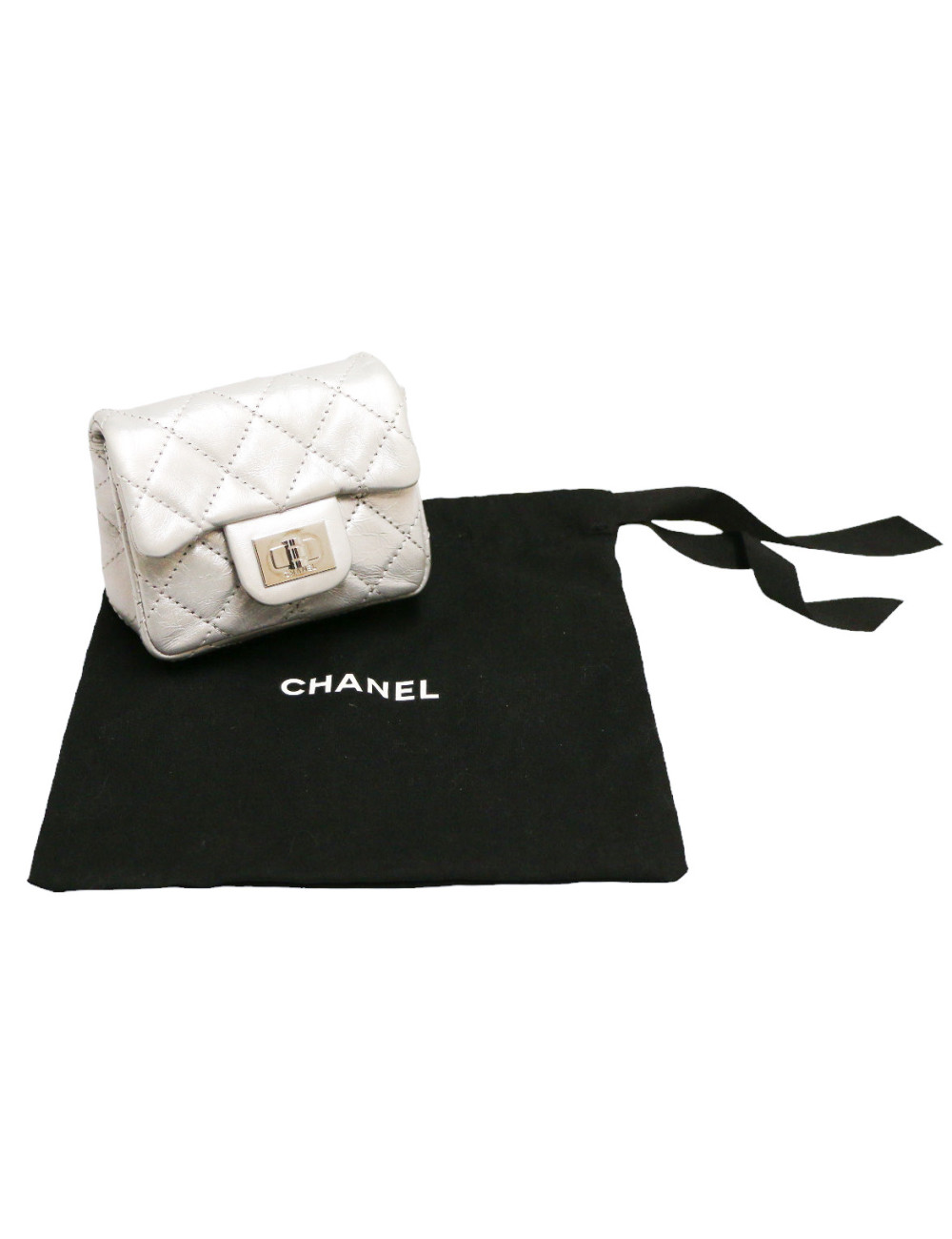 CHANEL silver leather mini charm bag