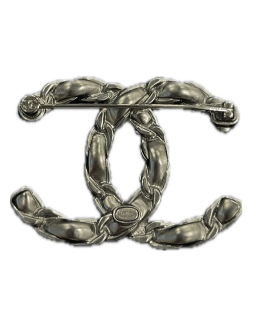 Broche CHANEL argent chaine et cuir