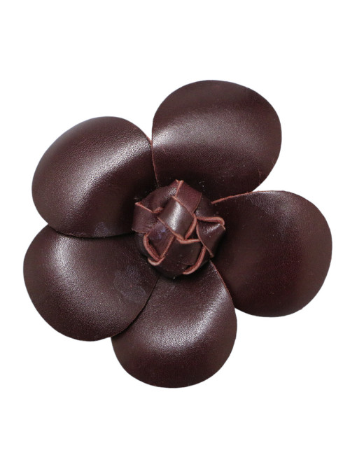 Broche camélia CHANEL cuir bordeaux foncé