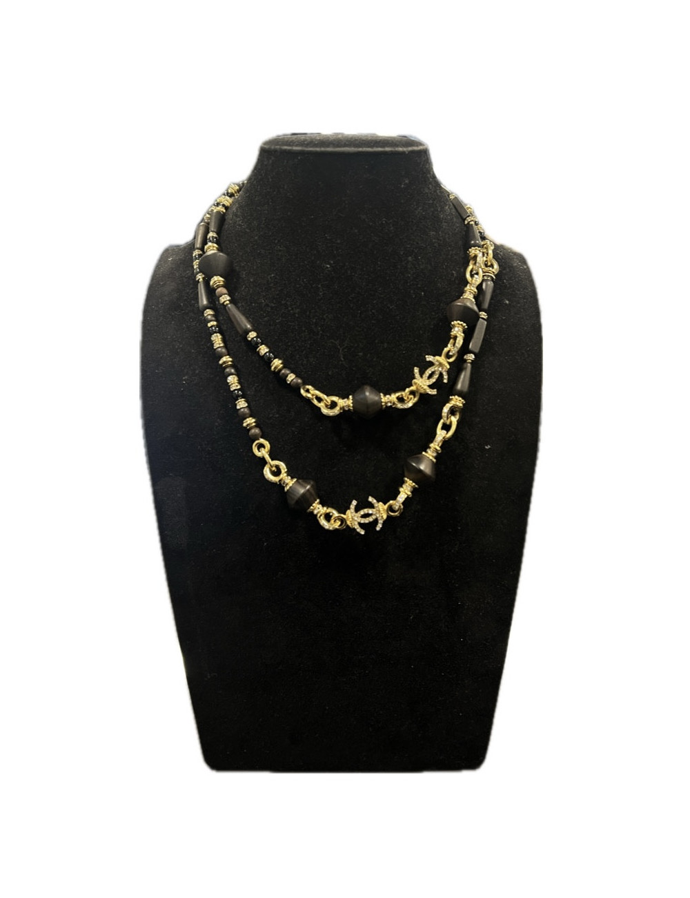 Sautoir bois strass CHANEL métal doré