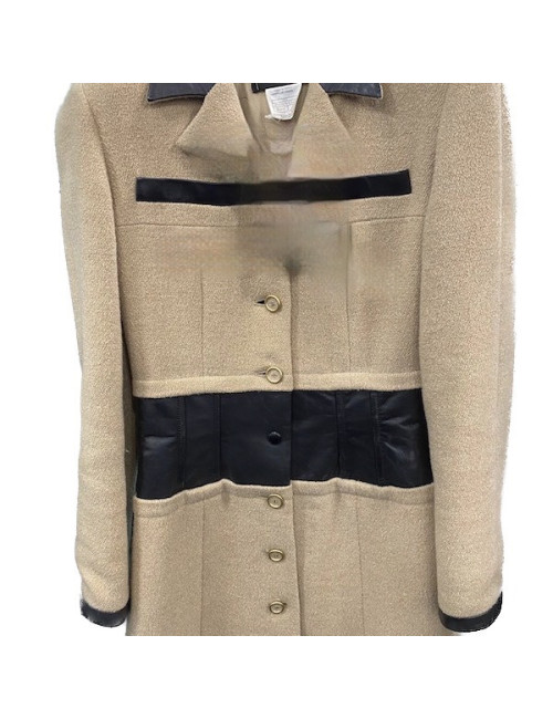 Manteau T 38 CHANEL poil de chameau beige et cuir noir