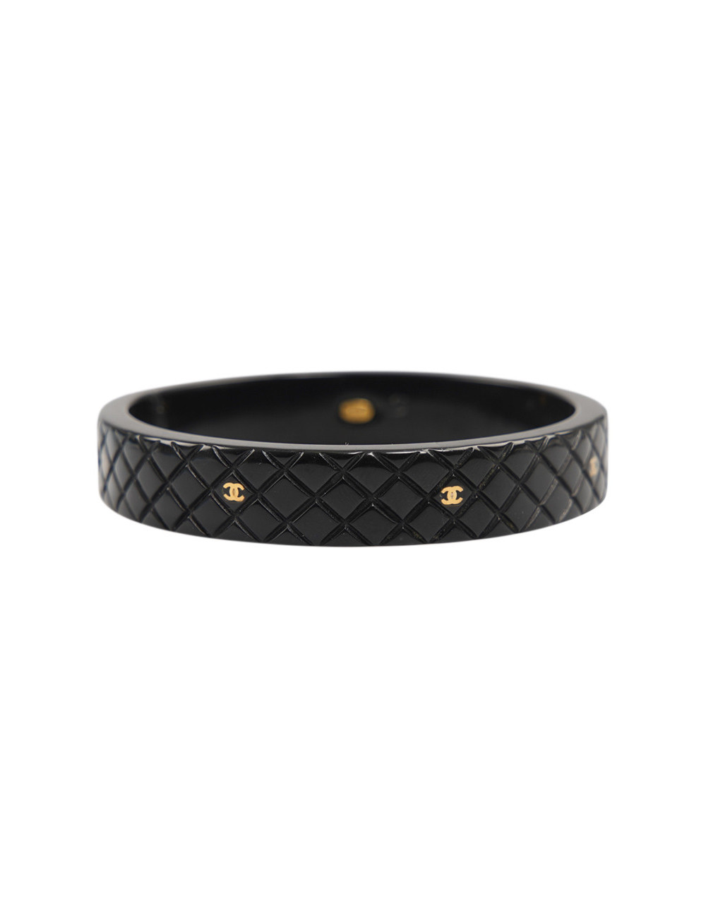 CHANEL vintage quilted black resin bracelet with gold CC