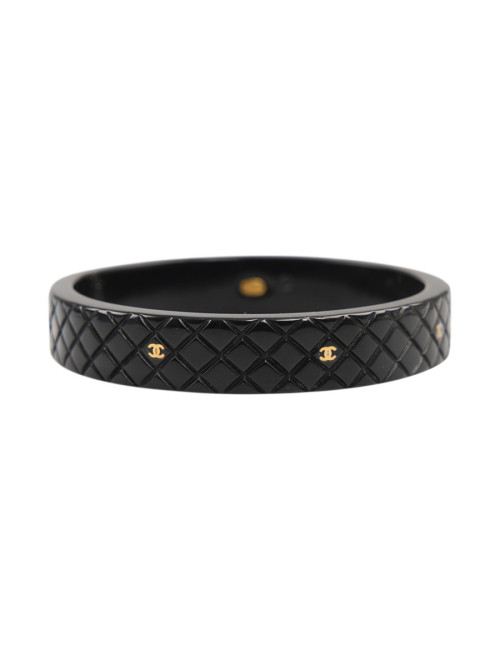CHANEL vintage quilted black resin bracelet with gold CC