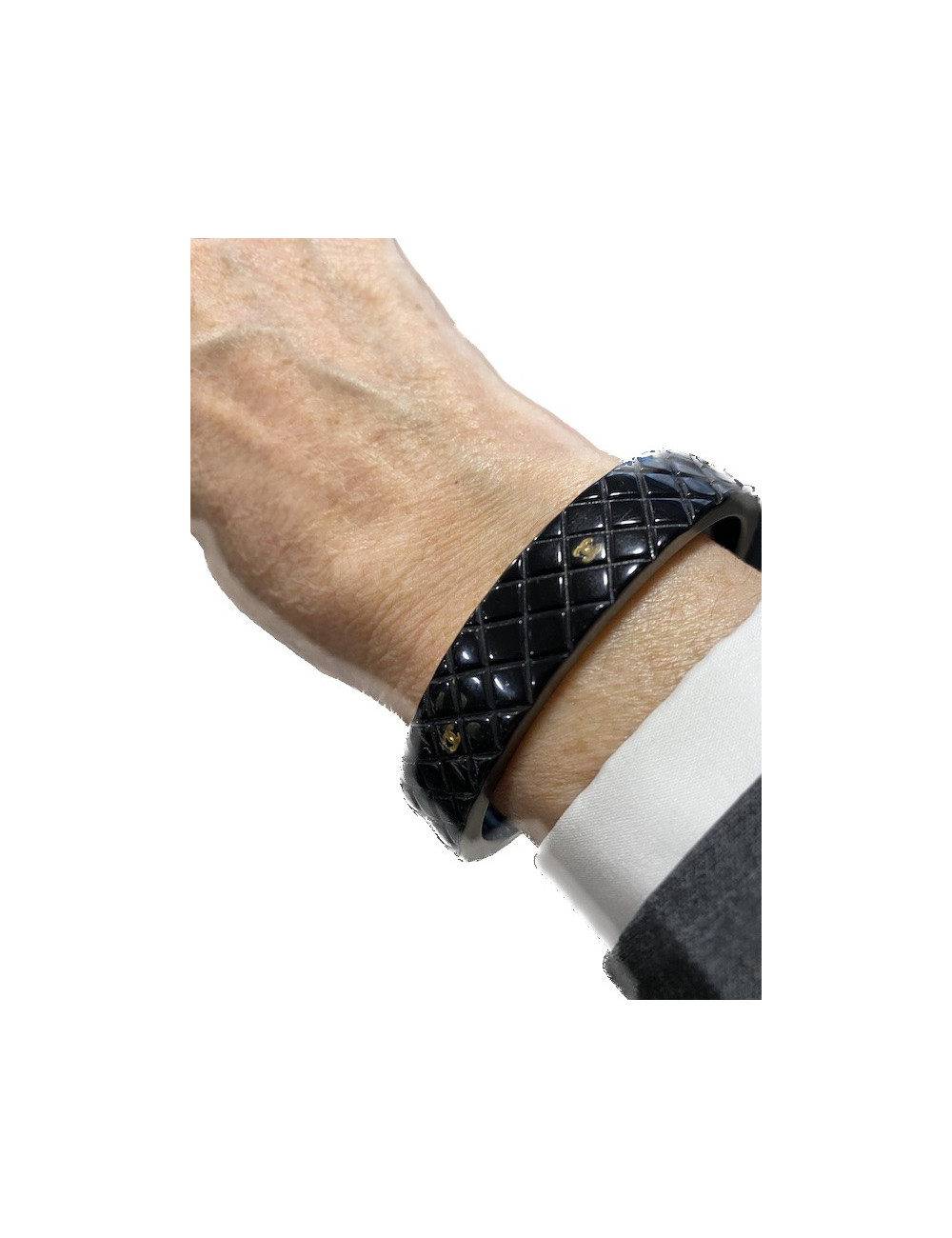 CHANEL vintage quilted black resin bracelet with gold CC