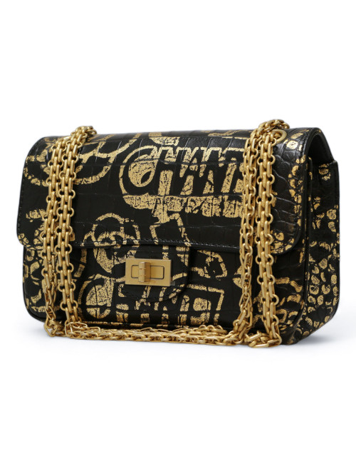 Sac CHANEL  imitation crocodile noir peint c h a n e l doré