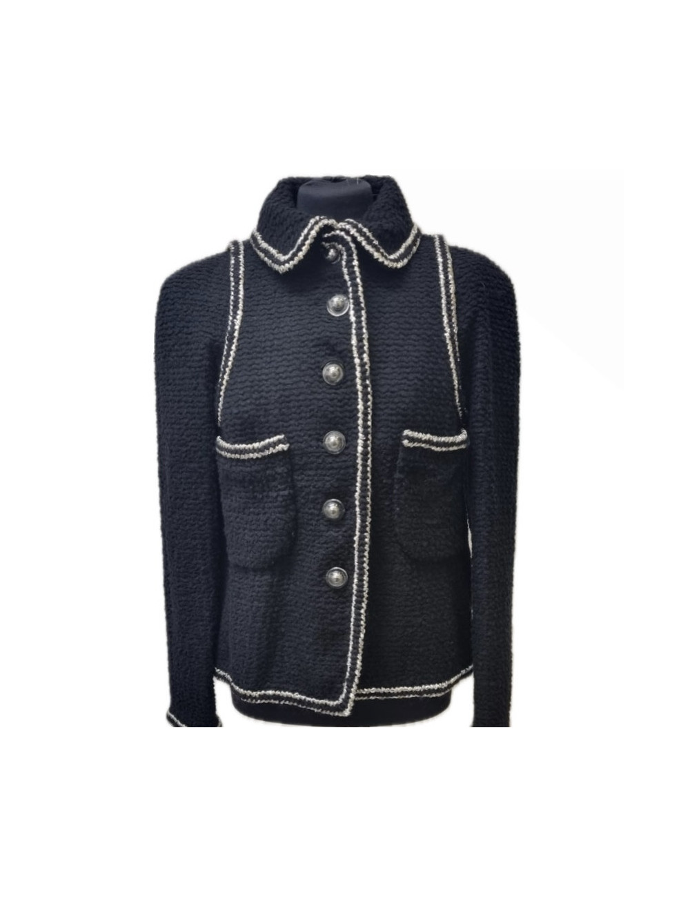 Veste CHANEL T 42 tweed noir gansée de fils d'argent