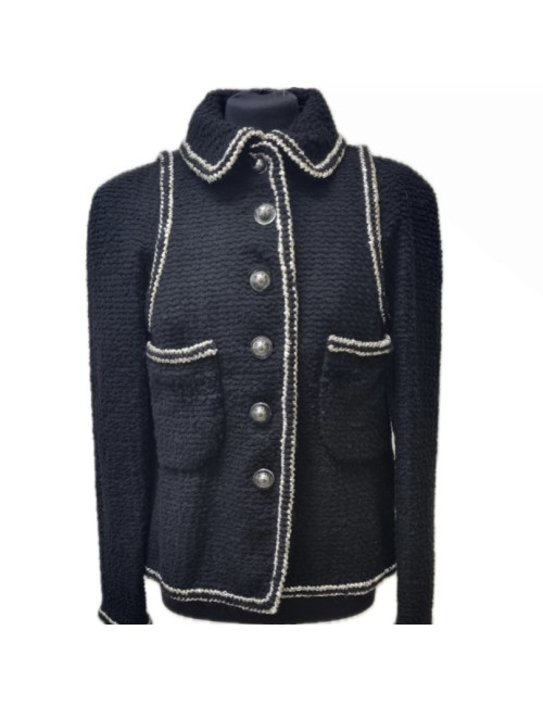 Veste CHANEL T 42 tweed noir gansée de fils d'argent