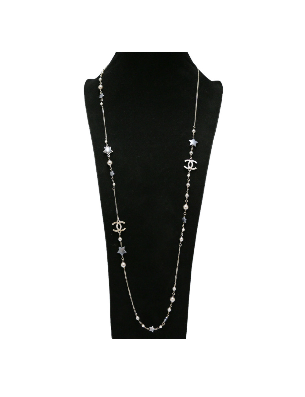 CHANEL silver star long necklace