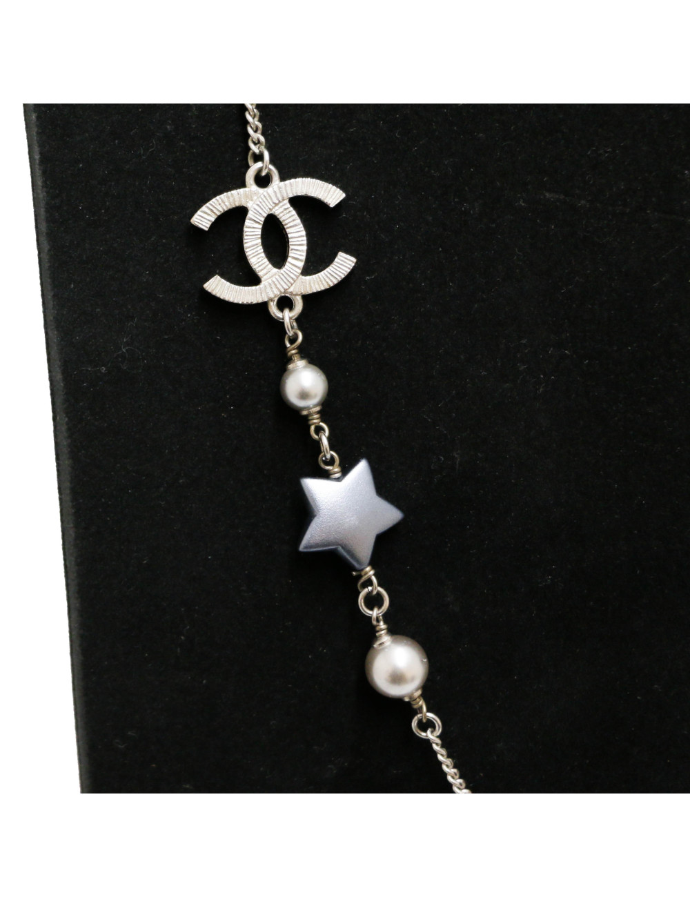 CHANEL silver star long necklace