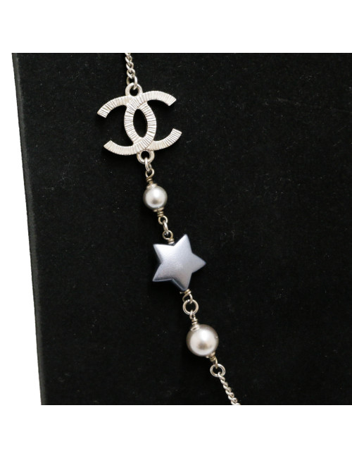 CHANEL silver star long necklace