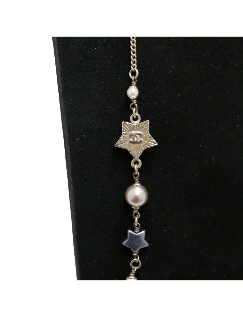 CHANEL silver star long necklace