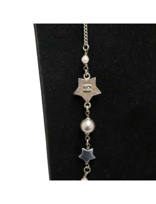 CHANEL silver star long necklace