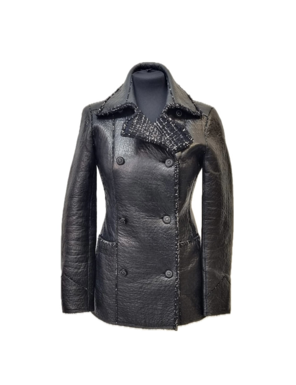 Veste T 38 CHANEL cuir d'agneau noir tweed gris