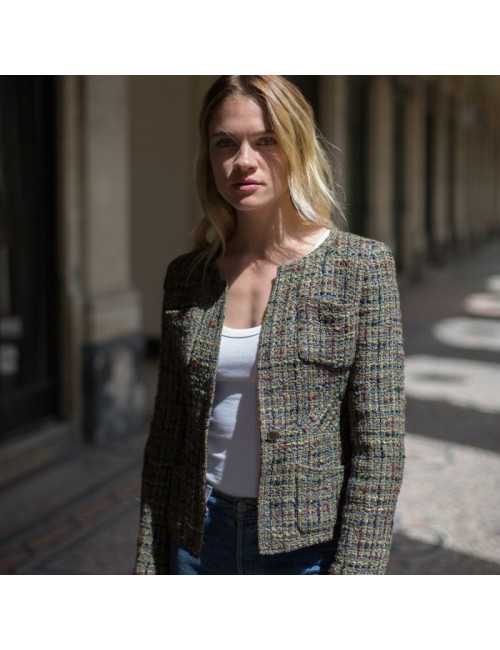 Veste T 44 CHANEL tweed fils blancs noir et violet brillant