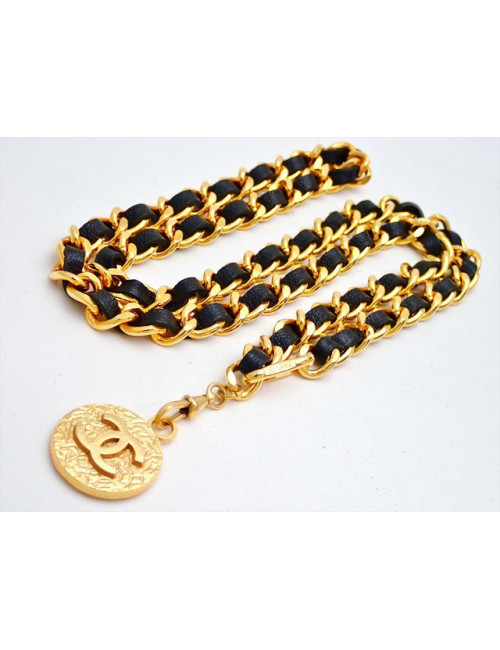 Ceinture CHANEL chaine et cuir noir