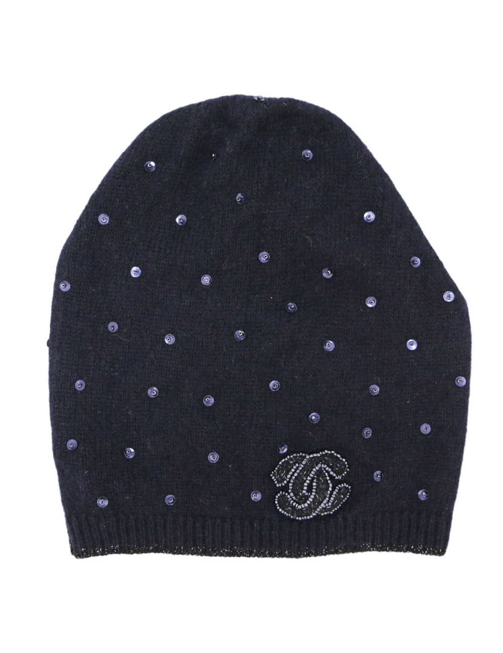 Bonnet CHANEL cachemire bleu nuit sequins broderies CC