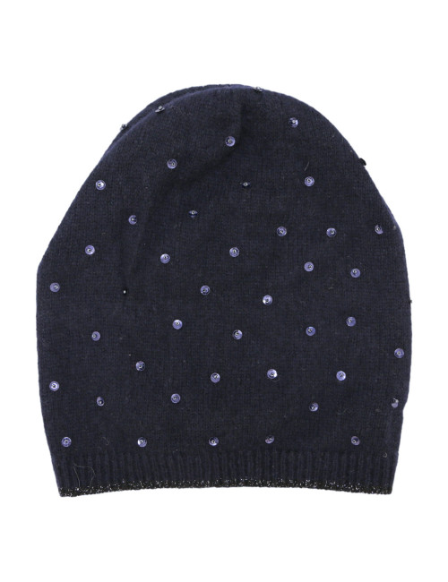 Bonnet CHANEL cachemire bleu nuit sequins broderies CC