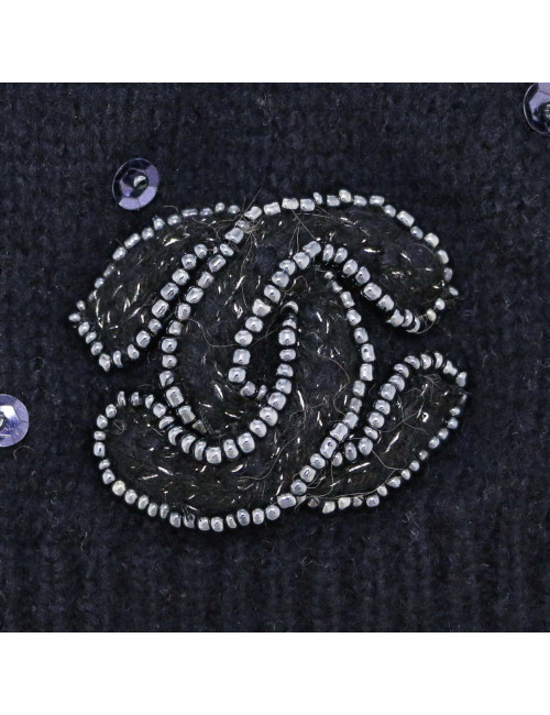 Bonnet CHANEL cachemire bleu nuit sequins broderies CC
