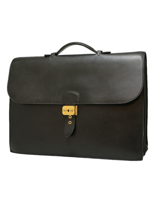 Sac à dépèches HERMES cuir box noir 2 soufflets