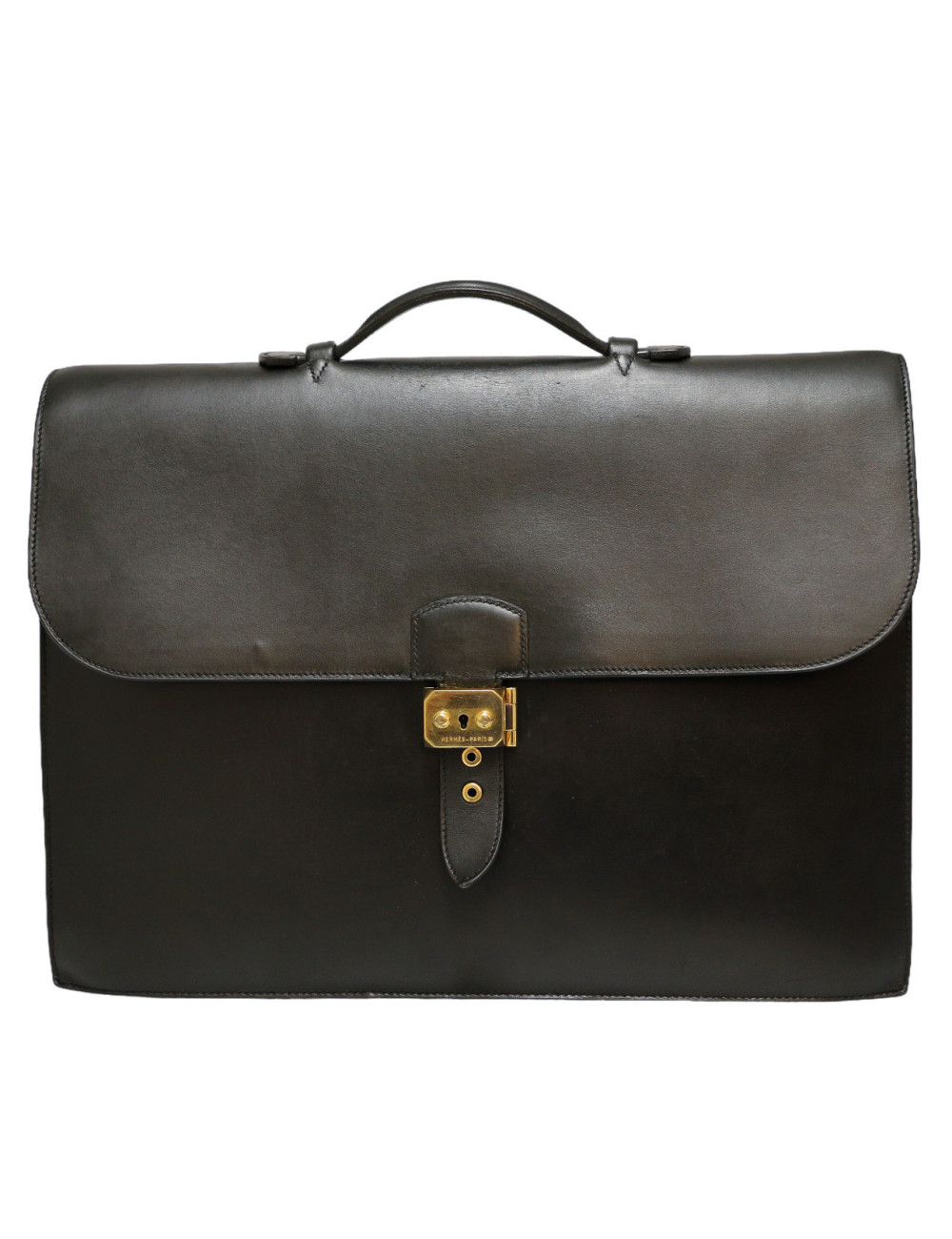 Sac à dépèches HERMES cuir box noir 2 soufflets