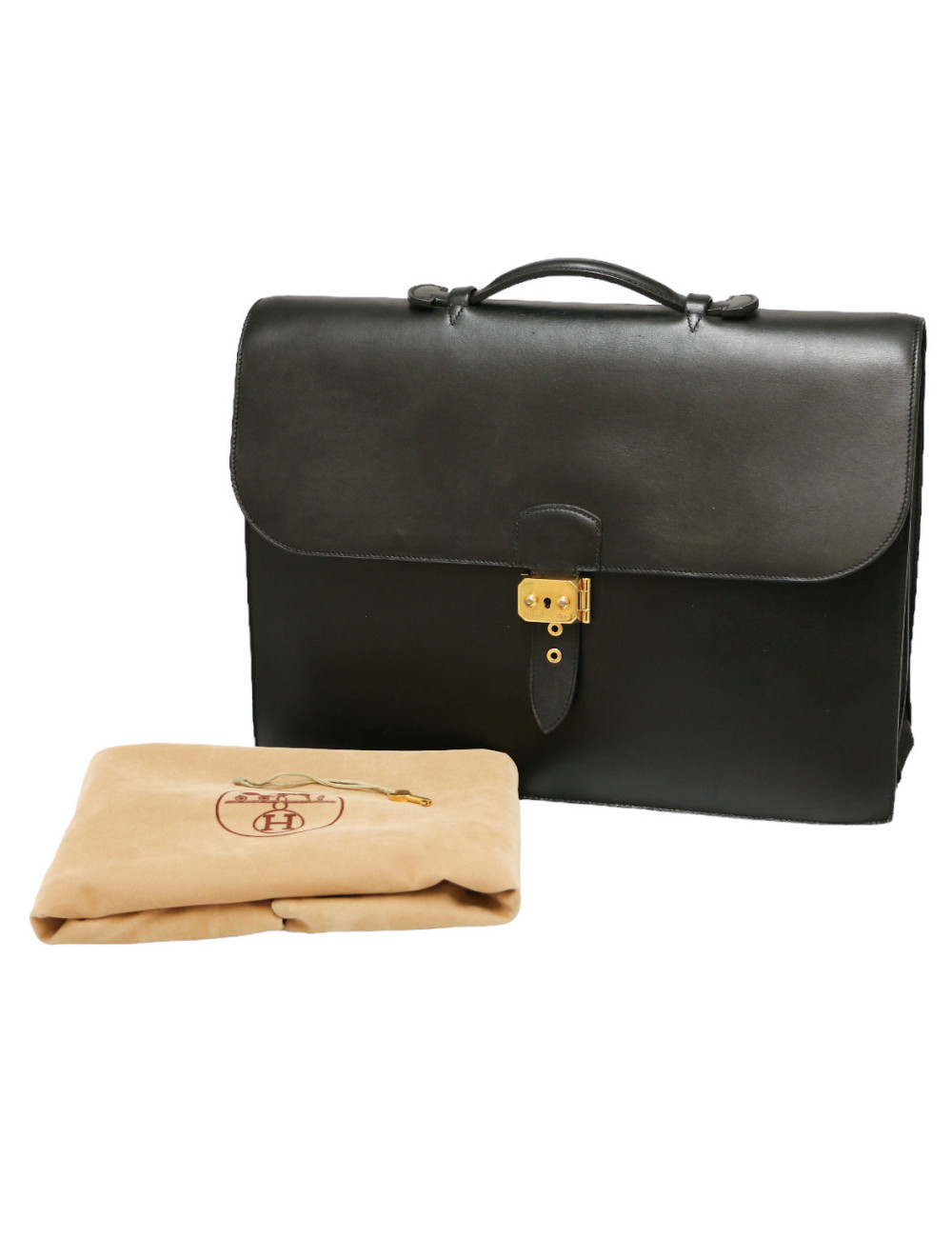 Sac à dépèches HERMES cuir box noir 2 soufflets