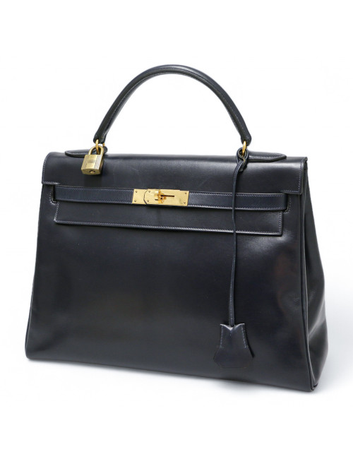 Kelly 32 retourné HERMES cuir de veau Box bleu