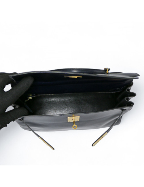 Kelly 32 retourné HERMES cuir de veau Box bleu