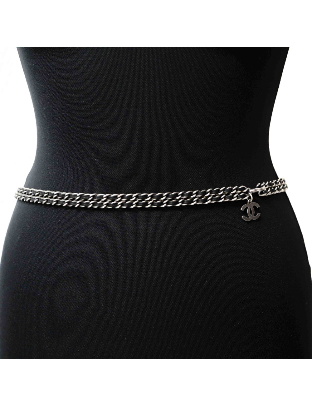 Ceinture CHANEL argent chaine entrelacée de cuir