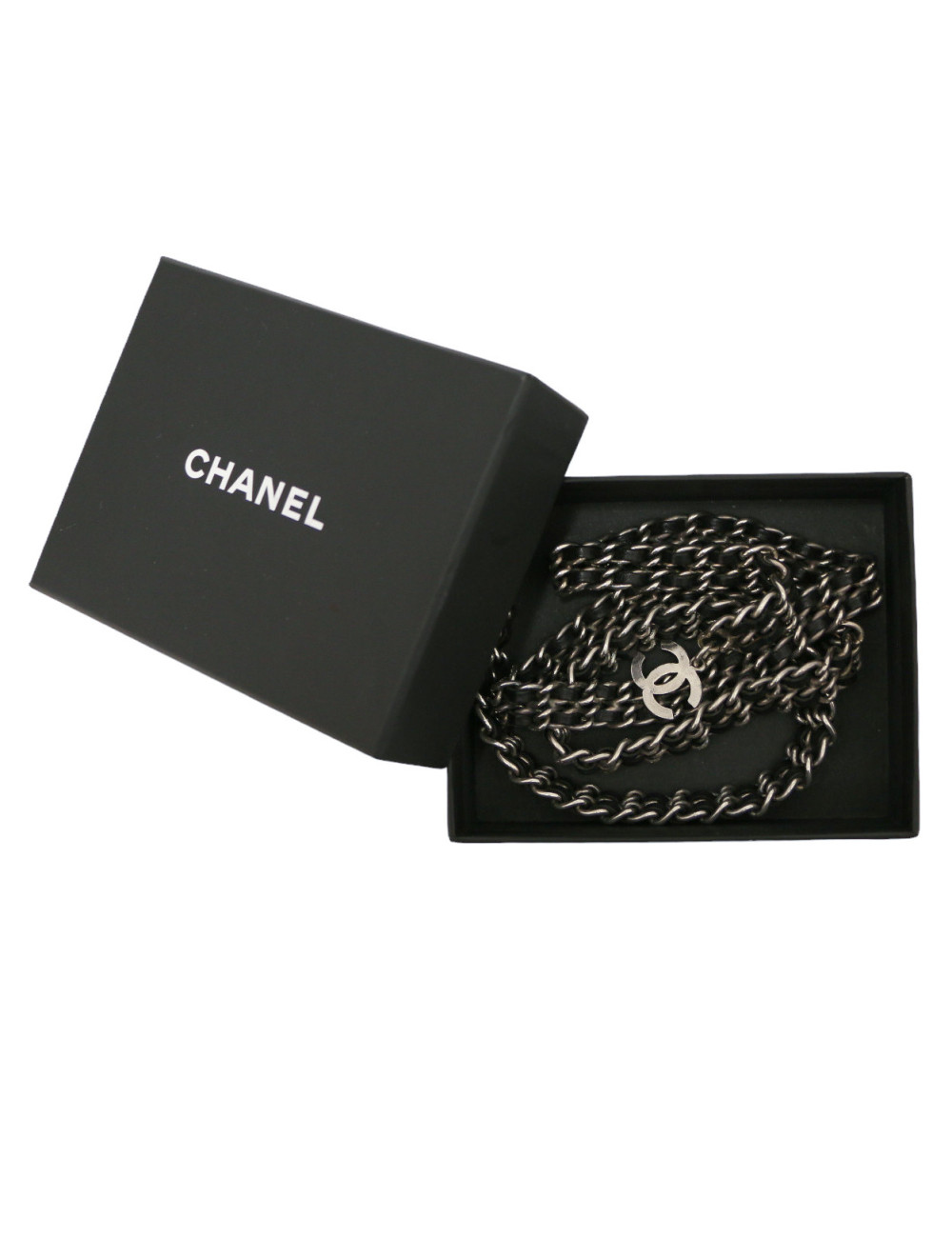 Ceinture CHANEL argent chaine entrelacée de cuir
