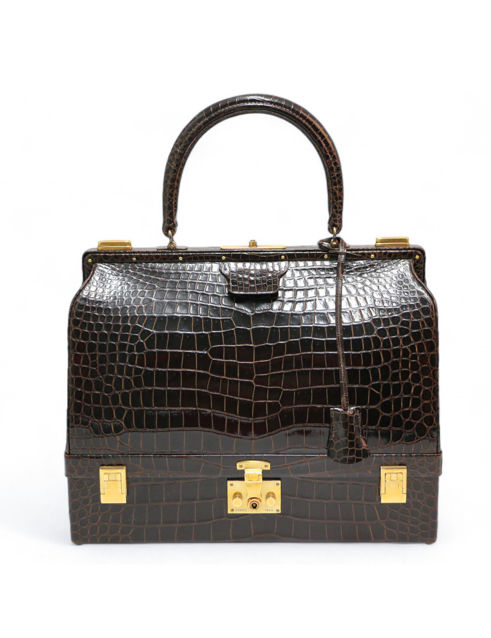 Sac Malette HERMES crocodile maron 