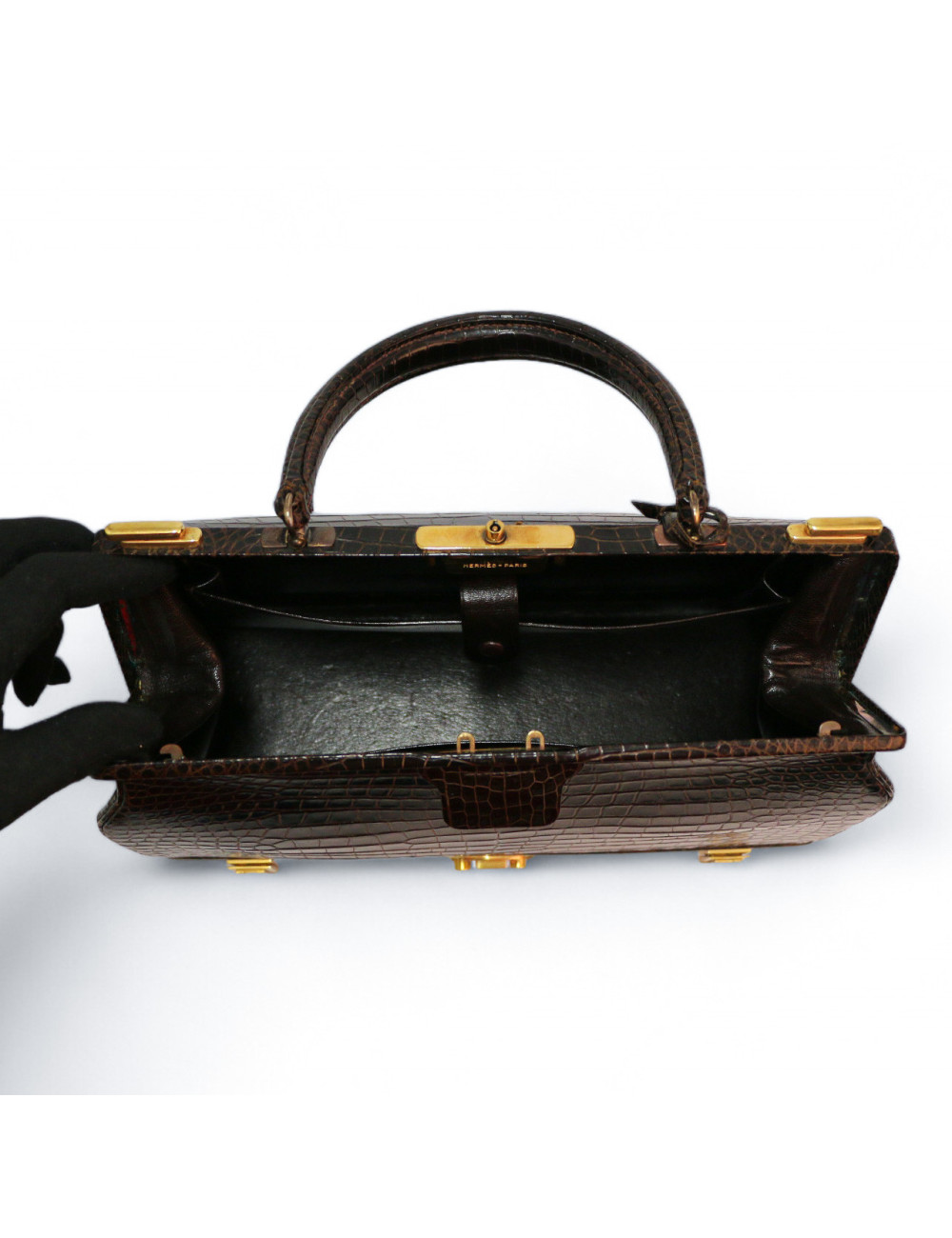 Sac Malette HERMES crocodile maron 