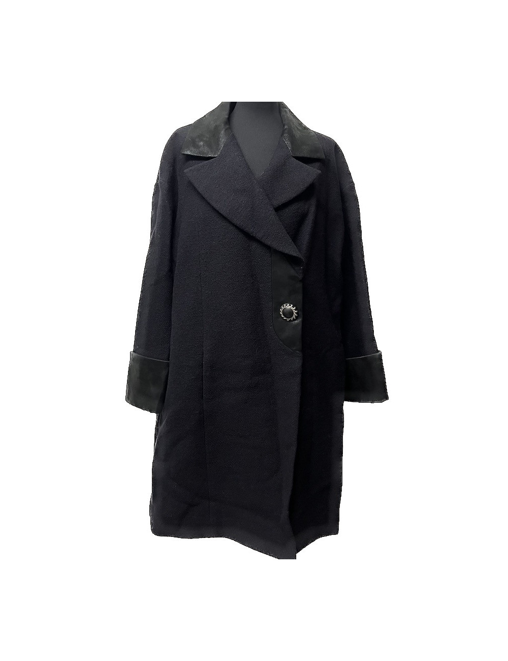 Manteau T 50 CHANEL noir laine cuir d'agneau