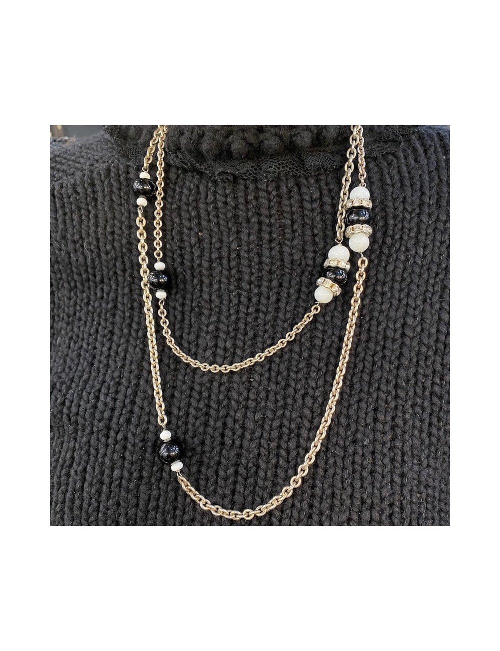 MARGUERITE de VALOIS silver chain, black and white molten glass and Swarovski crystals necklace
