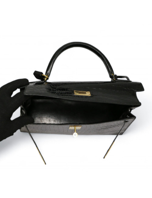 Kelly 32 HERMES Porosus noir Vintage